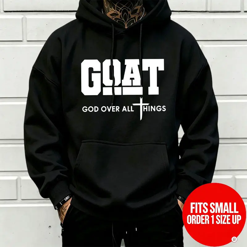 Men's Minimalist Casual Faith Hoodie - Menswear Men's Clothing, Street-Style, Longsleeves, Cross Letter Print, Relaxed Drop-Shoulder, Drawstring, Kangaroo Pocket, Soft Thick Fabric, Basic Athletic Pullover, Everyday Wear 【Runs Small, Order 1 Size Up】