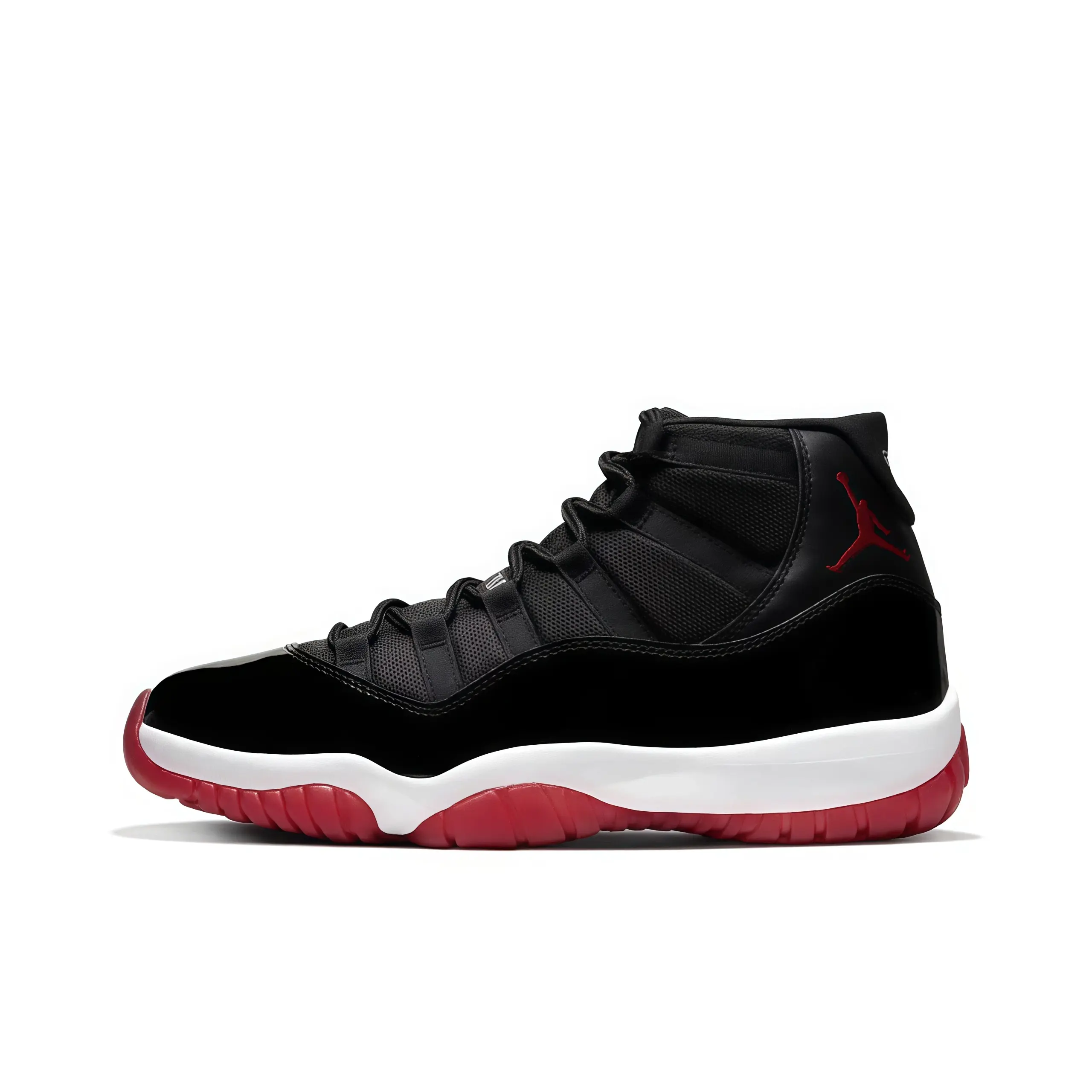 Gloss patent leather high-top basketball sneakers, red jump logo, cushioned rubber sole, icy red outsole, unisex retro street kicks, hip hop daily footwear, breathable mesh upper, trendy outfit matching vintage trainers, slip-resistant sport shoes for