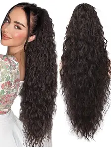 Loose Wave Long Hair Clip In Human Hair Extension Claw Clip Elegant Loose Wavy 28 Inch Long Ponytail Hair Piece Fluffy Natural Synthetic Hair For Women Daily Use Synthetic Extensions