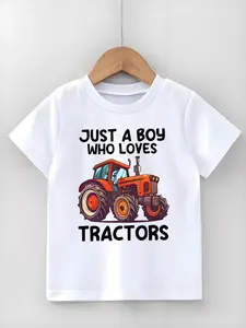 New Summer Short-Sleeved Round-Neck T-Shirts Boys And Girls. Just A Boy Who Loves Tractors Tractor-Printed Shirt With Cool, Individualistic, Casual And Fashionable Style, Suitable For Children's Clothing For Daily Use Outdoor Activities,Highly Versatile