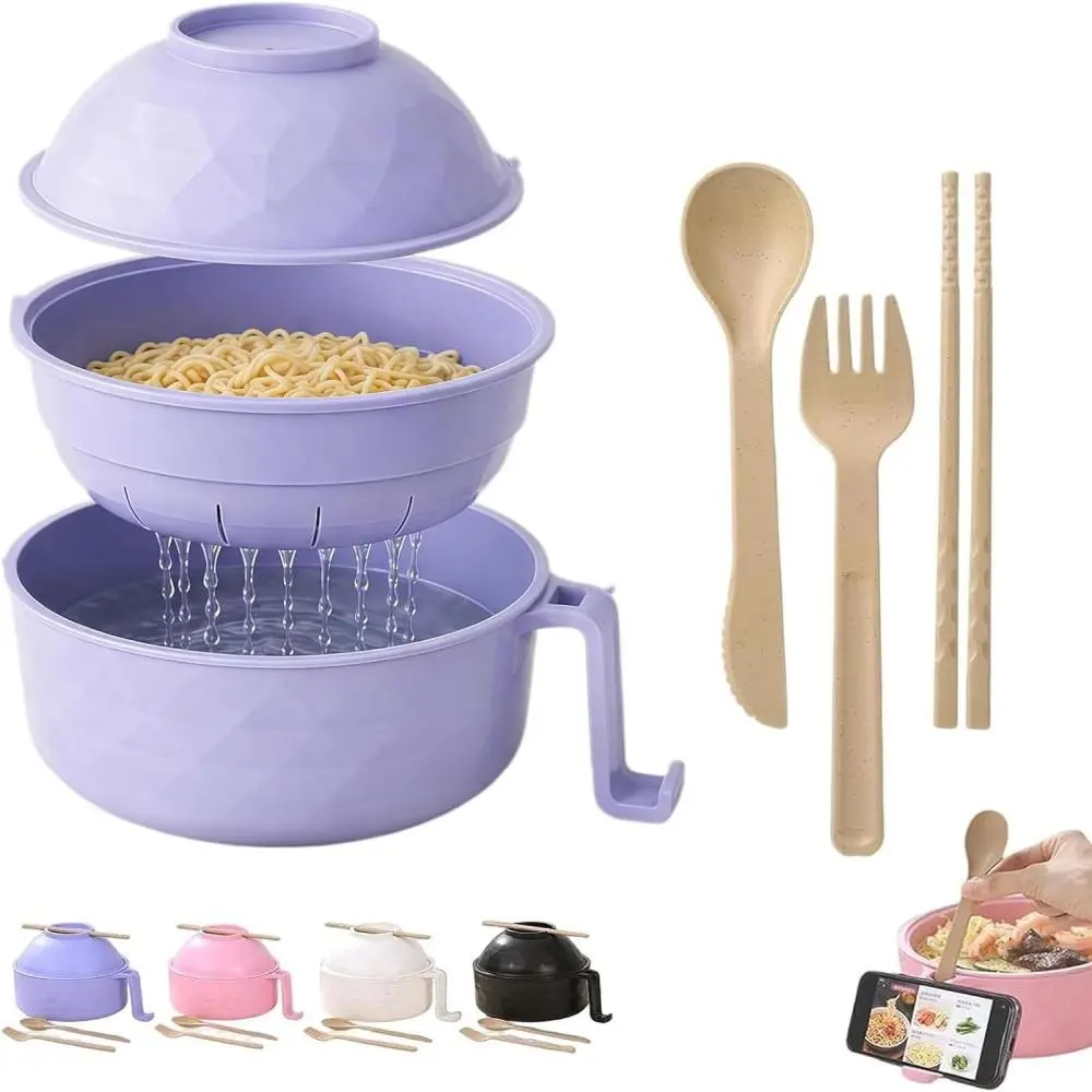 Microwave Safe Wheat Straw Noodle Bowl Set, Large Capacity Noodle Cooker with Chopsticks, Suitable for Daily Tableware and Present Giving(Top bowl-Purple）