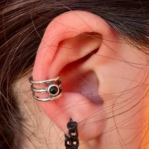 Sterling Silver 3mm Black Onyx Ear Cuff | Wide Conch Band | No-Piercing Earring