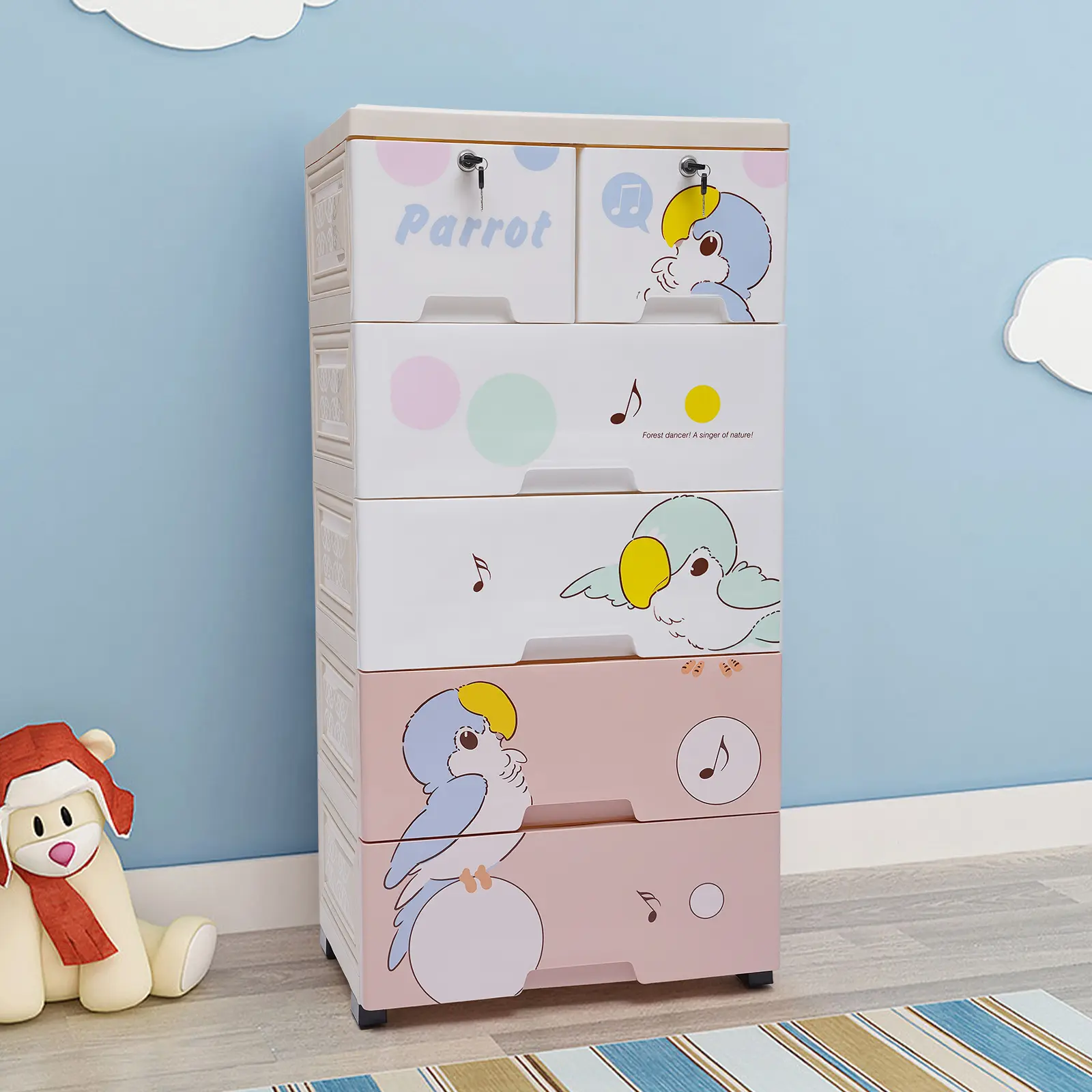 CNCEST 5-Tier Cartoon Plastic Storage Cabinet Chest - Parrot/Bear-Themed, 6-Drawer Drawer Bins Cabinet with Storage Compartments, Kid-Safe Toddler-Proof Multi-Tier Indoor Furniture for Clothes Organization, Drawer Bins Cabinets, Kid-Safe Cabinets
