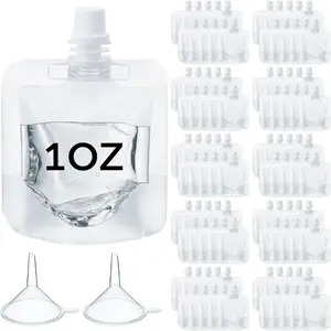100 Pcs Bulk Clear Leak Proof Plastic Squeeze Juice Pouches with Funnel for Party Favors 1 oz