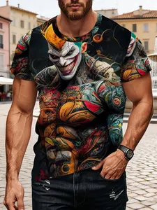 Men's Muscle Jester Graphic Polyester T-Shirt, Bold Comic Villain Print Short Sleeve Tee, Street Style Casual Top for Daily Wear