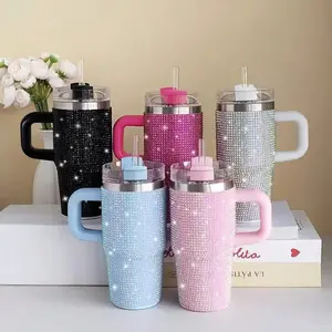 14oz Double Wall Vacuum Insulated Tumbler With Rhinestone Stainless Steel Travel Mug With Handle & Straw Leak-Resistant Thermos