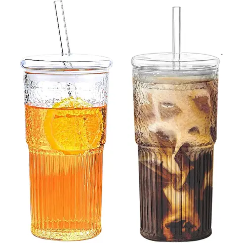 2pcs/set Plastic Cup with Lid and Straw, 20oz Ice Coffee Mug, Home Essential & Bar Accessories, Drinkware, Durable Reusable Drinkware, Tumblers, Transparent Design, Clear, Ribbed, Suitable for Beer, Cocktails, Tea, Latte, Reusable