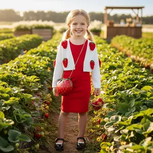 Charming Little Girls 2-Piece Outfit Set: Vibrant Red Ribbed Dress & White Strawberry Cardigan. Ideal for Spring/Summer, Photo Shoots, Strawberry Picking Adventures & Birthday Parties! Trendy Toddler Girl Fashion for Ages 4-7. Must-Have Kids Gift!
