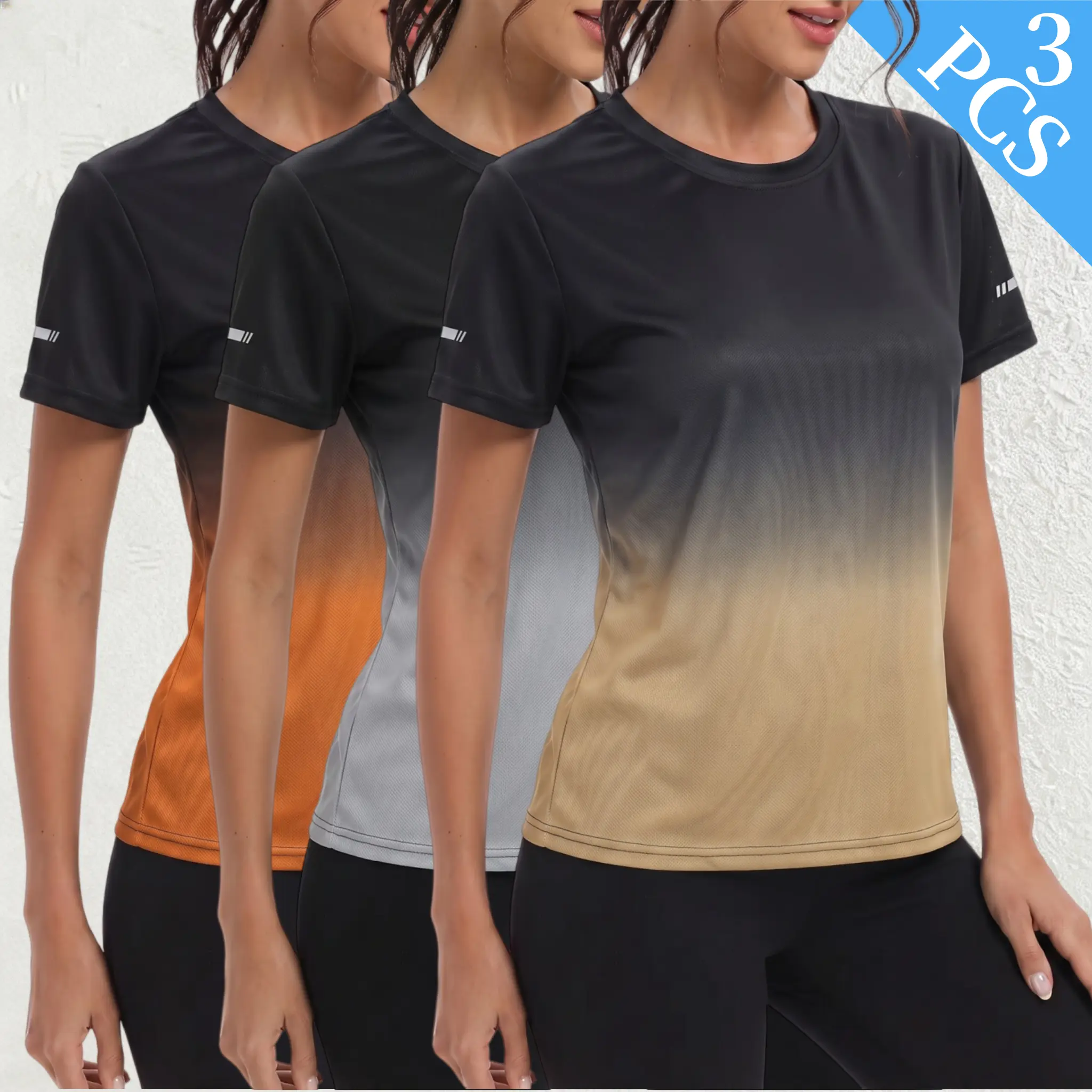 3-pack women’s gradient dry athletic T-shirts, breathable mesh crew neck short-sleeve running fitness tops, women’s summer short sleeves