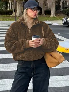 Autumn Winter Unisex Faux Lamb Fur Half-Zip Stand Collar Top, Warm, Soft and Comfortable, Casual Trendy, Loose-Fitting Plain Style