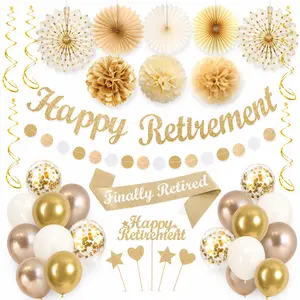 Retirement Party Decorations Kit, Champagne Gold Happy Retirement Banner, Finally Retired Sash, Balloons and Hanging Swirls