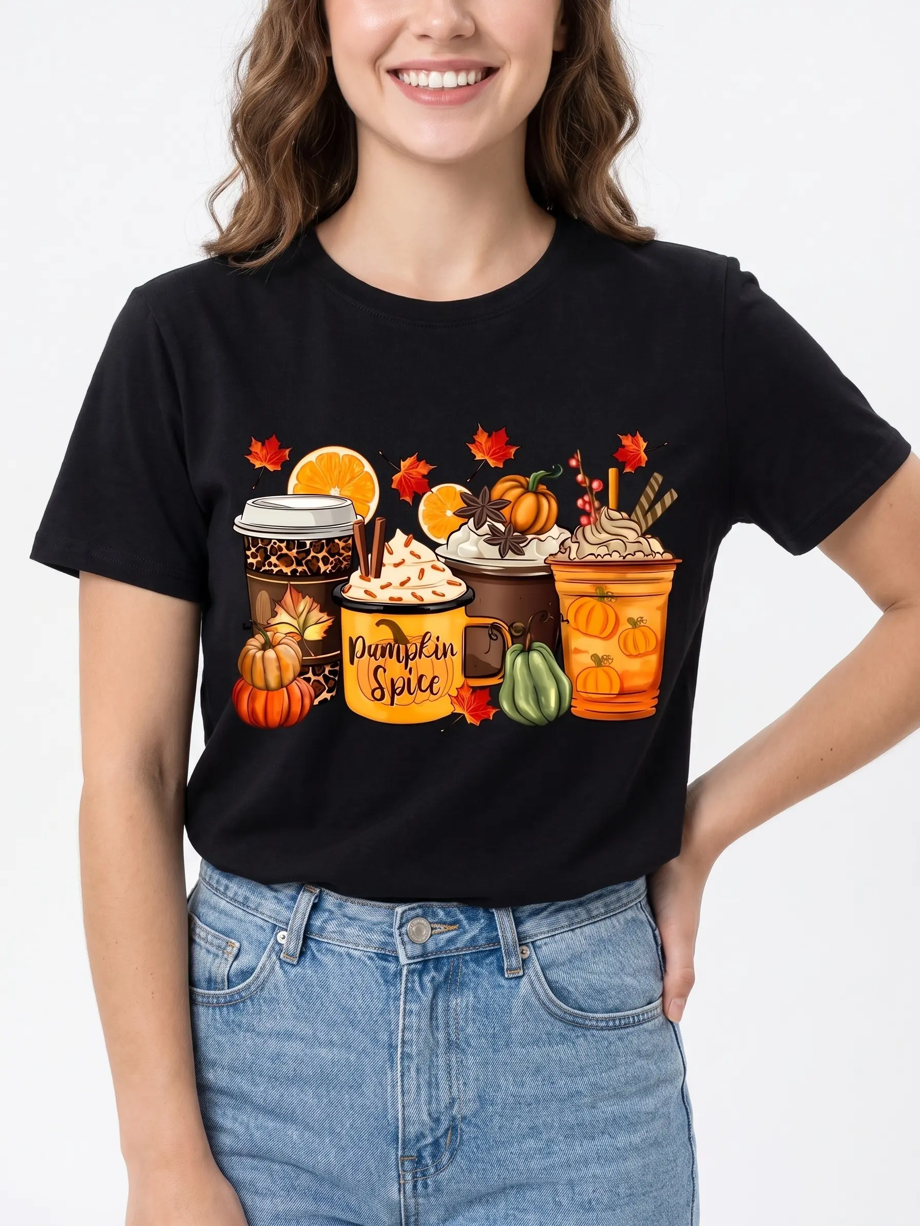 Women's Pumpkin Spice Graphic T-Shirt - Short-Sleeve, Chic, Elegant, Breathable 100% Cotton Casual Fall Classic Fit Top