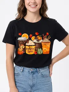 Pumpkin Spice T-Shirt for Women, Casual Fall Graphic Tee in Soft 100% Cotton Fabric, Short Sleeve Classic Fit Top
