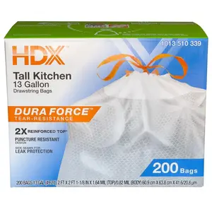 HDX 13 Gallon Reinforced Top Drawstring Unscented Kitchen Tall Trash Bags with 20% PCR (200-Count)