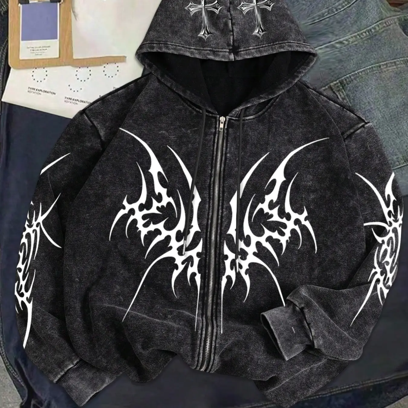 Y2K Rock Wash Full Zip Hoodie, Gothic Cross and Tribal Thorn