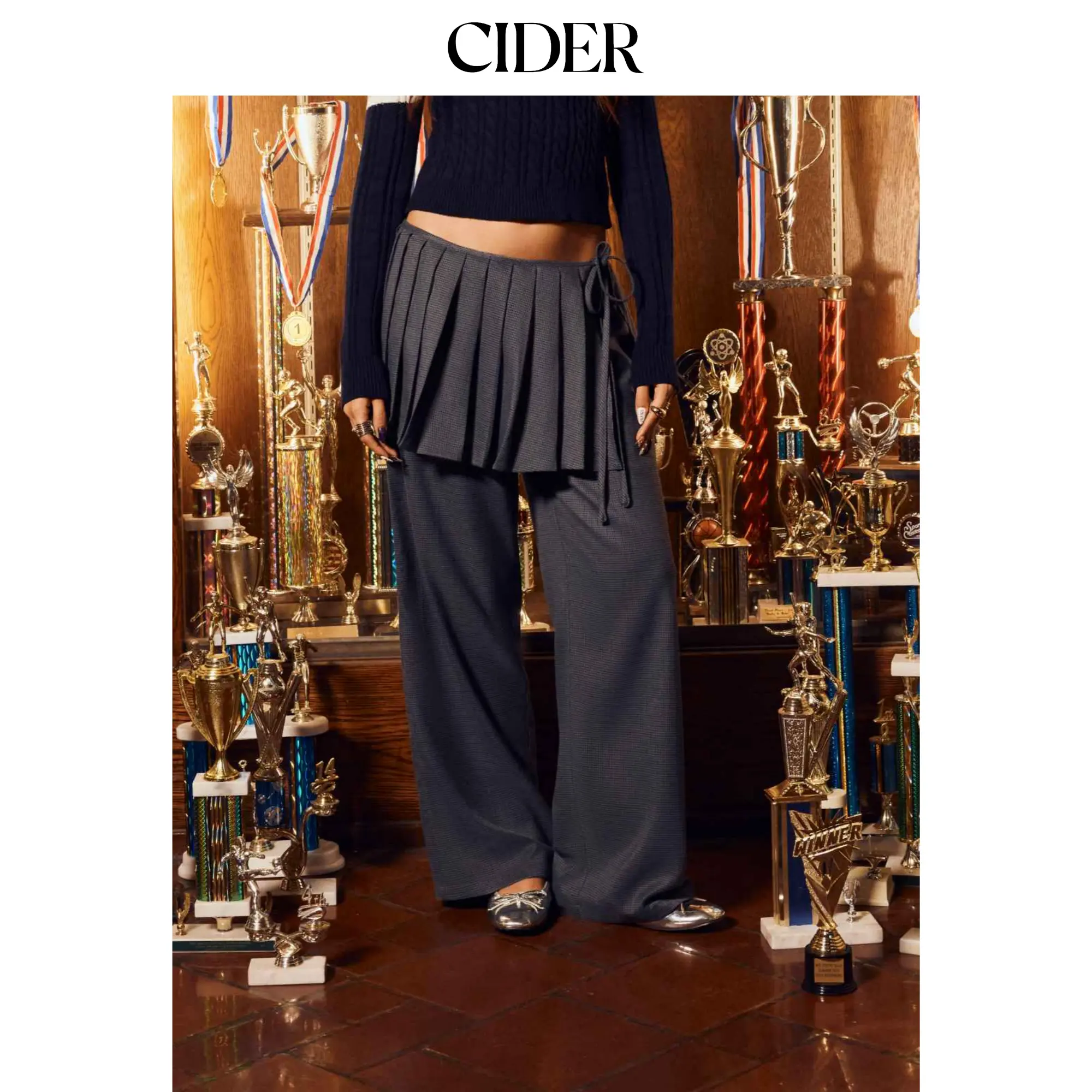 Cider Cotton-blend Two Piece Houndstooth Low Rise Wide Leg Trouser-Skirt