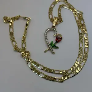 Corazon Con Rosa Color Rojo-Gold Plated Available Sizes 20” 22” And 24” inches Gift Necklace with Red Rose Charm