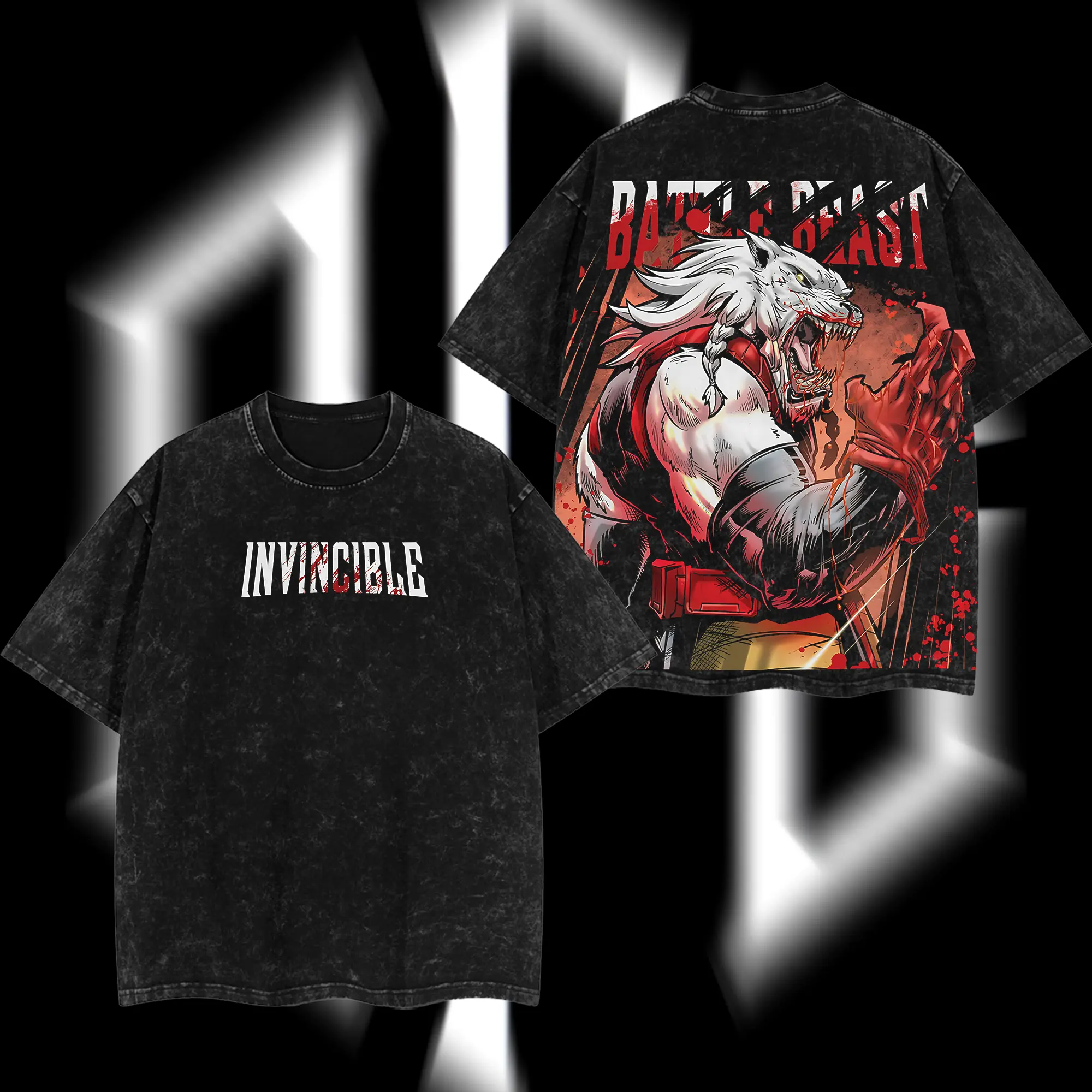 SuperStyle Men's Limited Edition Battle Beast Invincible War Comic Double-Printed Oversize Lightweight Acid-Washed Cotton Apparel, Short-Sleeve Seamless Streetwear TV Series Graphic T-Shirt