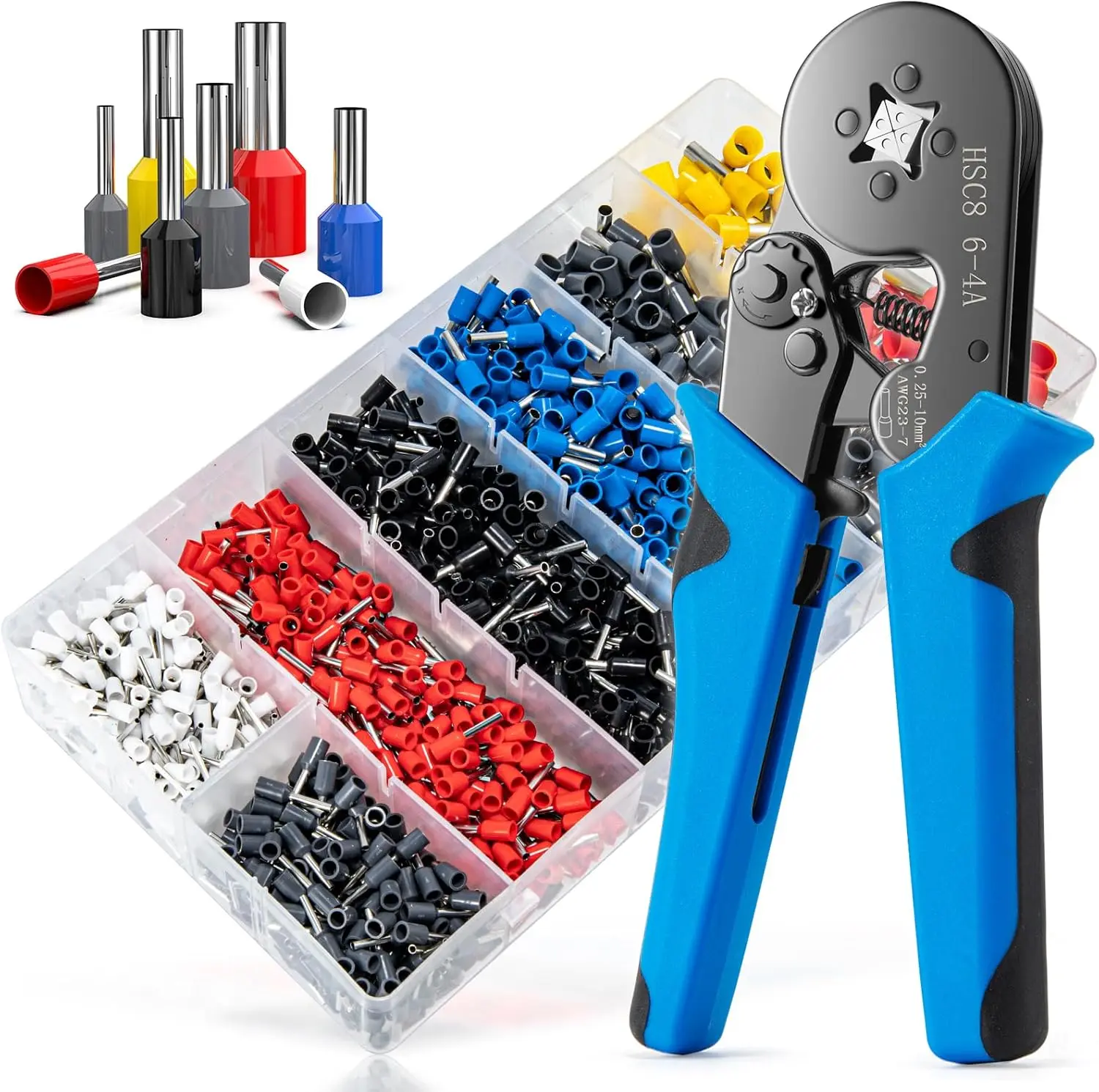Self-Adjustable Ratchet Ferrule Crimping Tool Kit with 1250 Pcs Ferrules & End Terminals, Hand Tools Compatible with AWG 23-7 Cables & 0.25-10mm² Wires for Hardware Applications