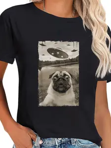 100% Cotton Unisex Vintage Pug UFO Encounters - Funny UFO and Pug Selfie T-Shirt Graphic Casual Round Neck Tee