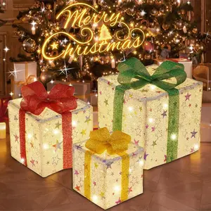 3-Piece Christmas Gift Box Decor Set with Warm LED Lights, Bow Design, Perfect for Indoor Outdoor Holiday Decoration