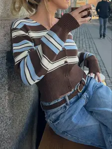 Spring And Autumn New V-Neck Retro Stripe Color Blocked Long Sleeved Front Button Knitted Cardigan,Women's Fashion Loose Graduation Outfit Casual Knit Top For Women