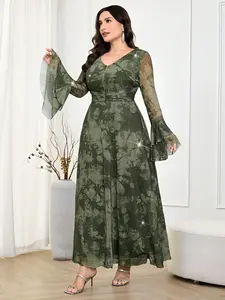 Plus Size Women’s Olive Green Tie-Dye Sparkly Rhinestone Dress, V-Neck Mesh, Flared Sleeves, High Waist Cinched Silhouette, Full Swing Maxi Evening Formal Dress