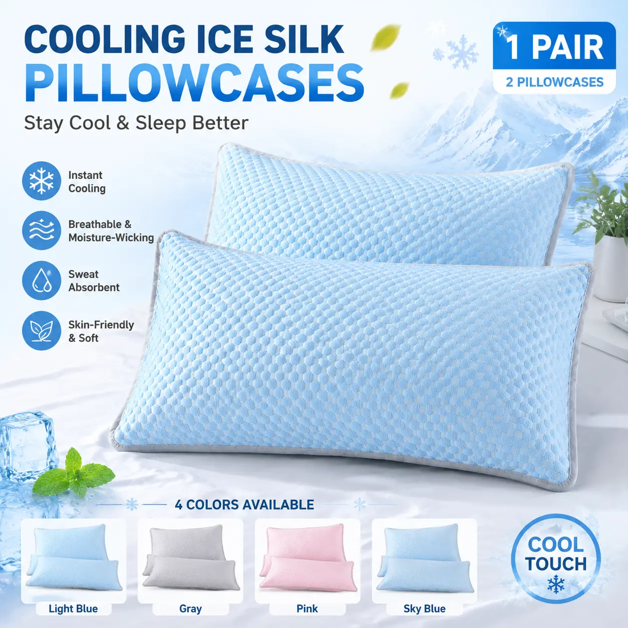Cooling Pillowcase Set (2-Pack) - Ice Silk Bed Pillowcases, designed for hot sleepers to relieve overheating and night sweats, breathable, soft, cooling pillowcases