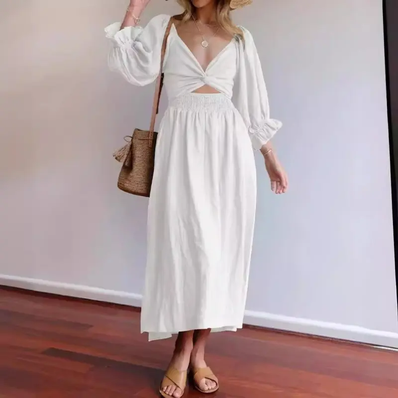 Women's V-neck Lantern Sleeve Dress in White - Summer Casual Wearable Type with Polyester Fabric and Mid-length Skirt