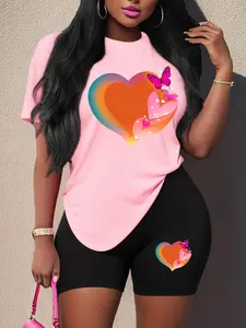 【Plus Size】 Butterfly Print Short Sleeve Tee & Skinny Shorts Two-Piece Set, Casual Round Neck T-shirt & Short Leggings, Women's for Summer, Womenswear