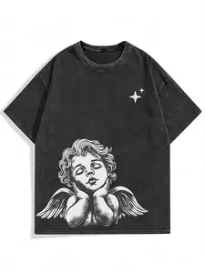 Vintage Acid Wash Cherub Graphic T-Shirt, Oversized Retro Angel Print Short Sleeve Tee, Unisex Casual Streetwear Top