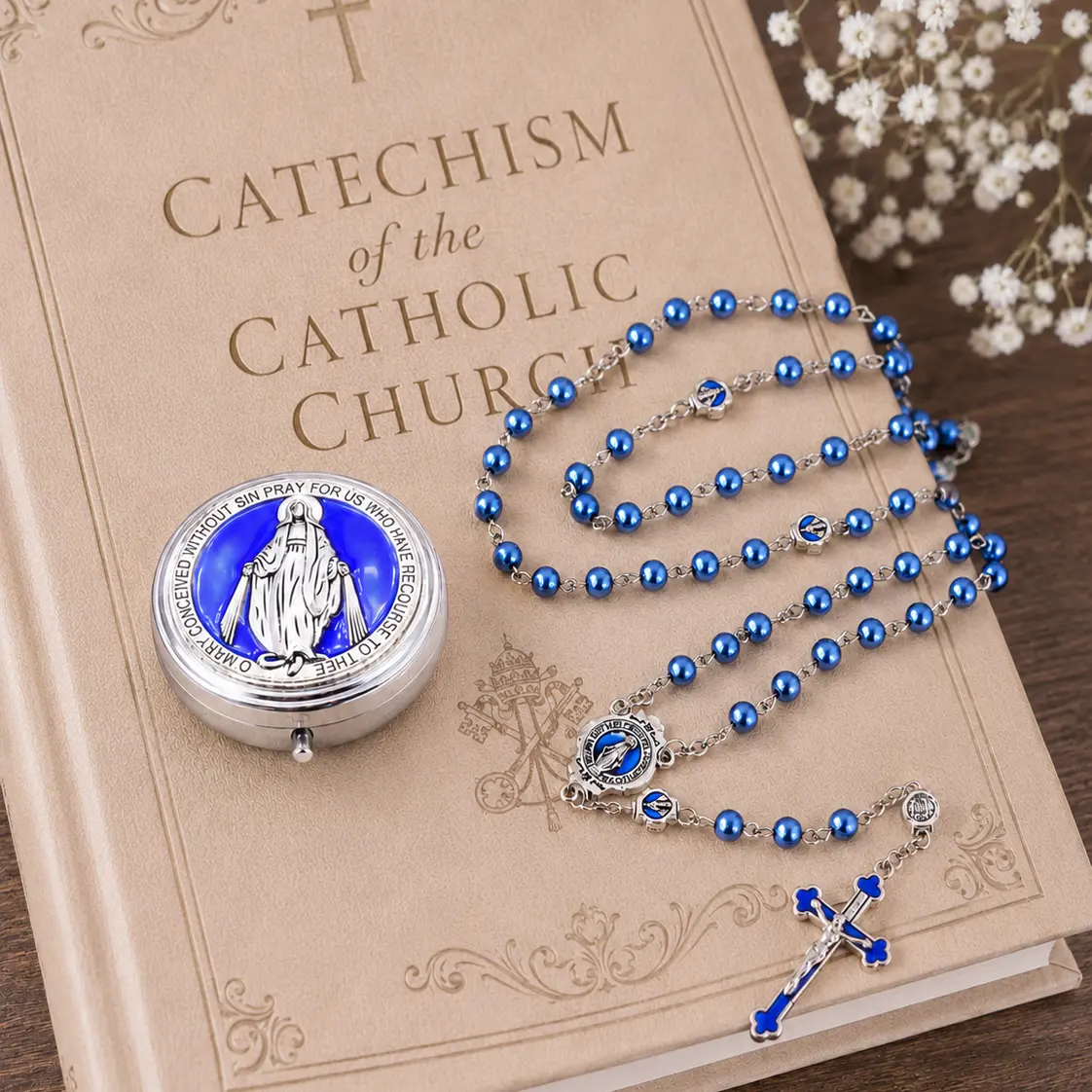Catholic Rosaries Necklace with Glass Pearl Beads and Crucifix, Christian Faith Jewelry for Men Womenfatkun, Religious Gift with Miraculous Medal