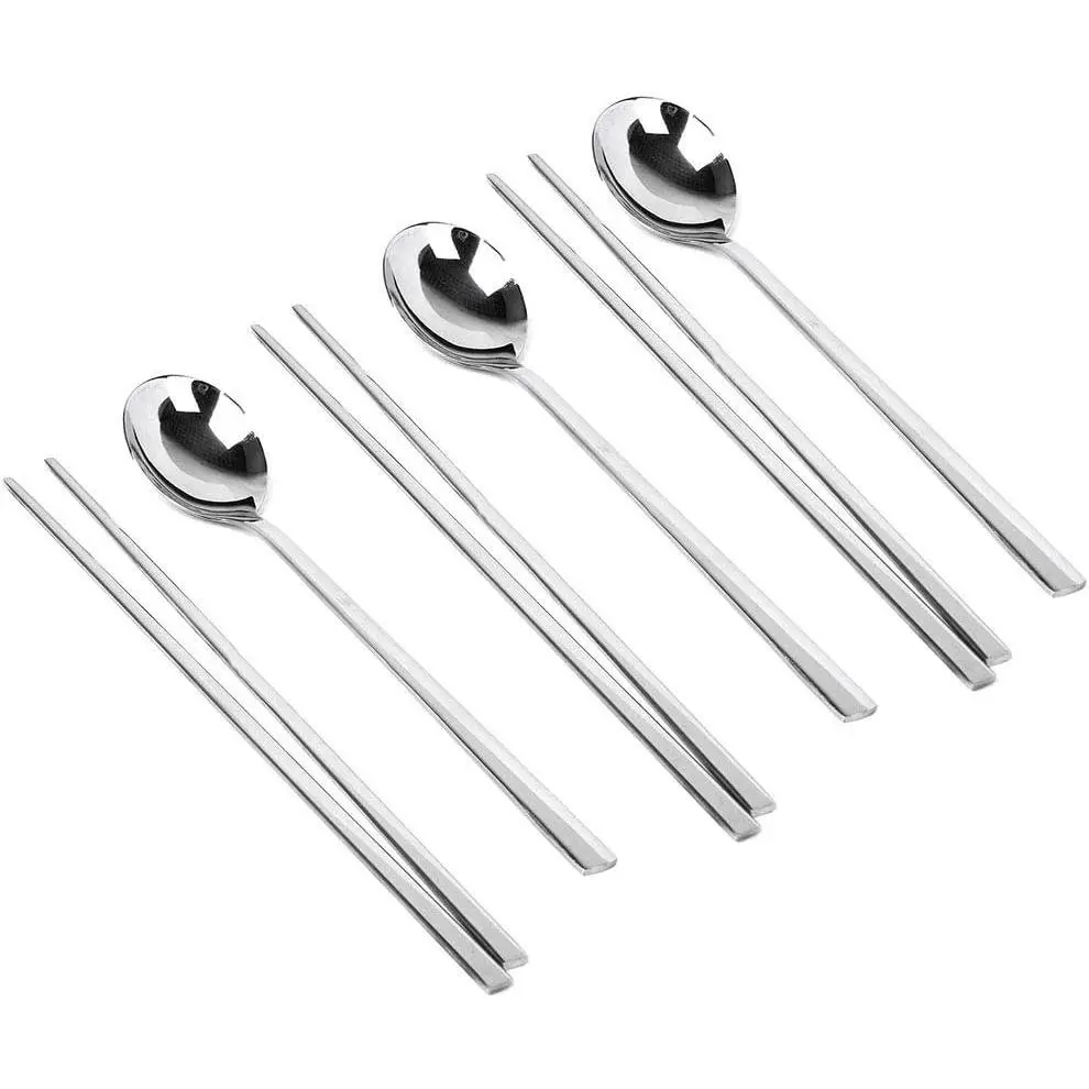 Polished Stainless Steel Long-handled Reusable Korean Cutlery Set - 3-Piece Silver Spoons and Chopsticks Tableware for Home, Festive & Party Supplies, Gifting