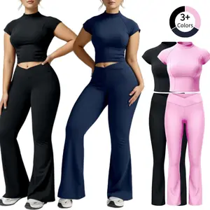 Women's Two-Piece Set - Short Sleeve Top & Crossover Flare Leg Pants Polyamide Elastane Comfortable Versatile ActiveWear
