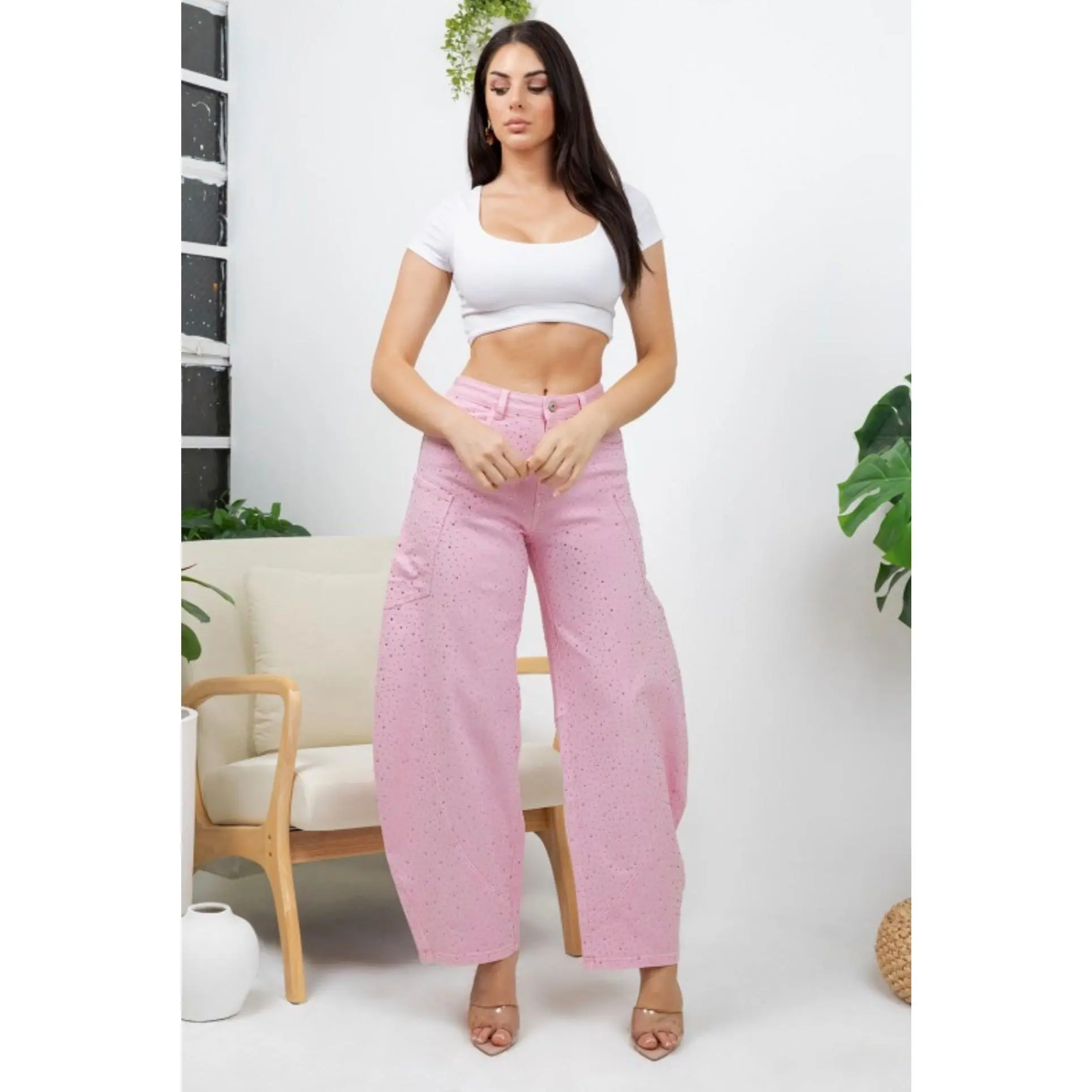 Rhinestone Bubble Jeans- Pink