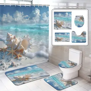 Beach Sand Starfish Conch Print Shower Curtain Set, Includes 12 Hooks, Bath Mat, U-Shaped Floor Mat, Toilet Seat Cover, Bathroom Decor