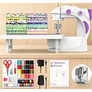 Sewing Machine for Beginners [Full Set] with Finger Guard and Fabric Bundles - Mini Sewing Machine with Sewing Kits, Foot Pedal, US Adapter and Extension Table