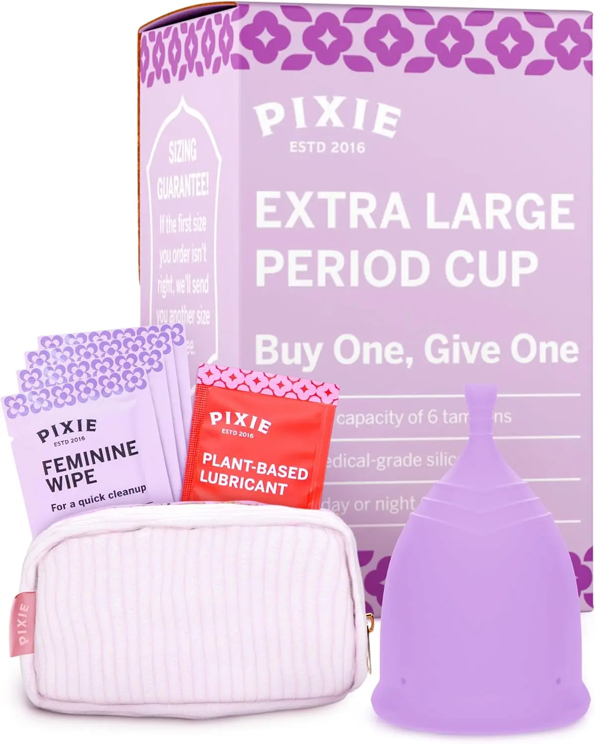 Pixie Soft Menstrual Cup - Ranked 1 for Most Comfortable Reusable Period Cup - Buy One We Give One - Includes Ebook Guide, Cleaning Wipes, Lube, & Storage Bag - Tampon and Pad Alternative (Extra Large, Purple)