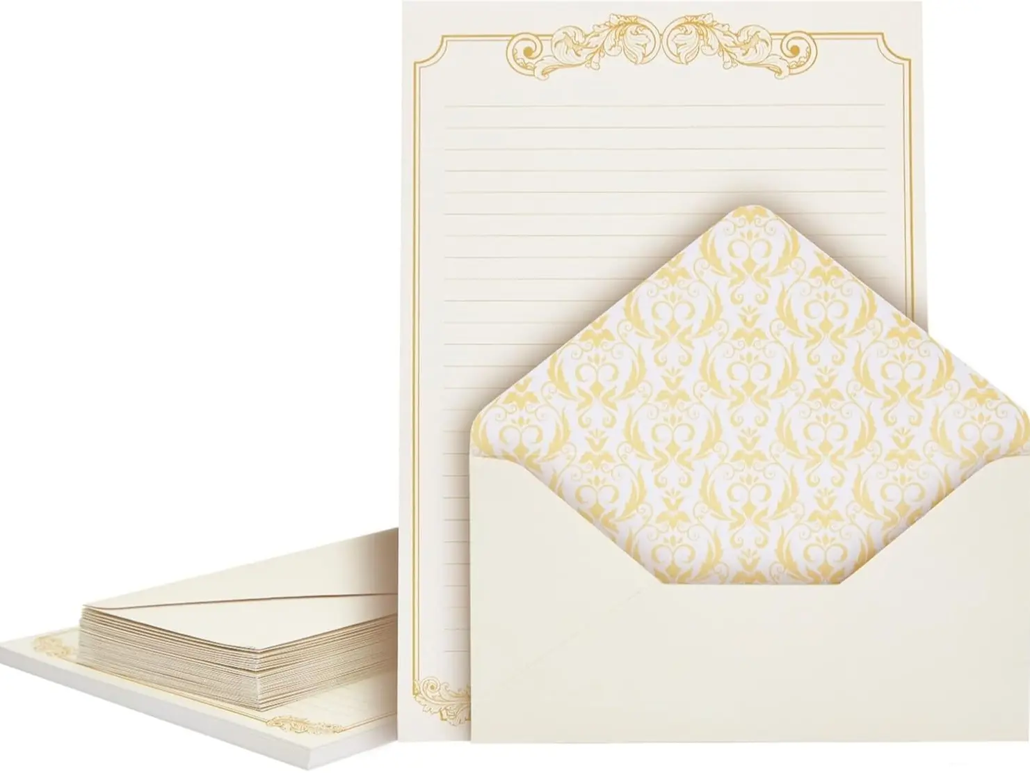 Vintage Lined Letter Paper & Envelopes Set - 60 Lined Pages (7.2x10.2in, 100 GSM, Gold Border), 30 Envelopes (4x7.7in Ivory) - Elegant Office Stationery for Love Letters, Inkjet-Laser Printer Compatible for Women