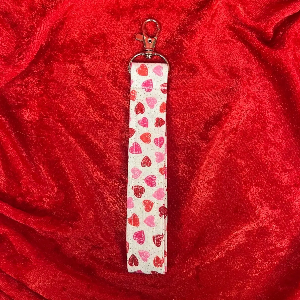 Valentines Glitter Hearts Fabric Keychain Wristlet
