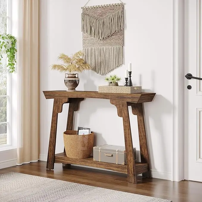 Tribesigns 2-Tier Console Table, 41.3” Wood Entryway Table with Storage Shelf, Farmhouse Narrow Sofa Table for Foyer, Hallway, Living Room, Rustic Brown
