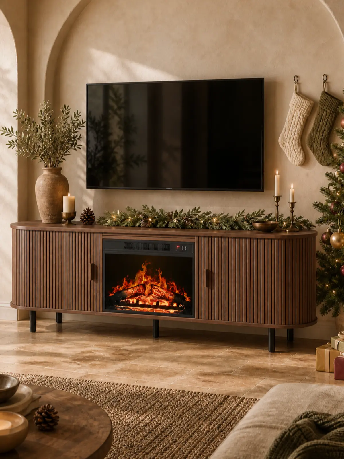 【BackToSchool】ONBRILL 70.8" Fluted Fireplace TV Stand with 23" Electric Fireplace, Modern Chic Wooden Curved Media Console with Sliding Doors, Fits 80 in TVs for Living Room, Fireplace Tv Stands