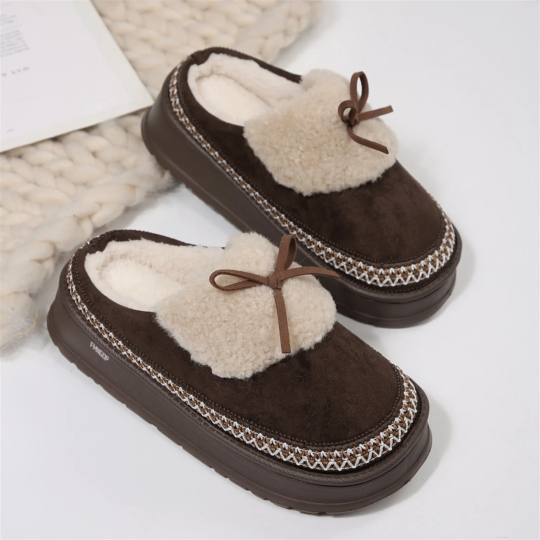 Women's Mini Snow Boots Fleece-Lined Platform Mules Winter Warm Suede Bowknot Decor Indoor Outdoor Shoes