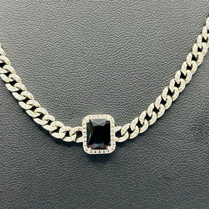 925 Sterling Silver Elegant Iced Out Baby Monaco Choker Necklace for Adults - 4.7mm Width, 15-18in Adjustable Length, Black Crystal Pendant Adorned with Cubic Zirconias