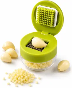Mini Garlic Chopper Manual Press with Container Stainless Steel Blades Handheld Mincer Crusher Cutter Grinder for Cloves Ginger Herbs Home Kitchen Camping Meal Prep Storage