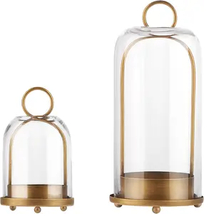 5" & 4" Wide Versatile Metal Candle Holder in Antique Brass with Handmade Thick Heavy Sturdy Glass Dome for Pillar Candle Industrial Modern Shelf Mantel Veranda Porch Brass