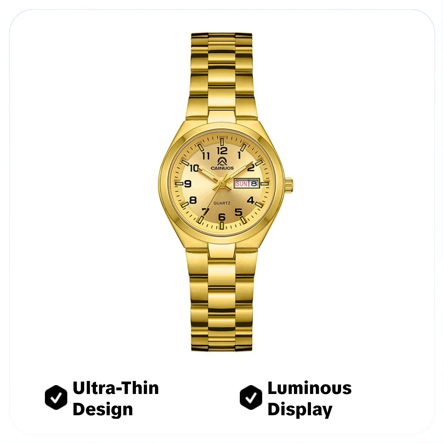 CAINUOS 5023 Women's Gold Watch 25mm Ultra-Thin Minimalist Dress Watch, Stainless Steel Band 3ATM Waterproof Quartz Watch with Luminous Date Week Display, Fashion Business Everyday Wrist Watch for Women tiktokshopspringglowup，luminous waterproof