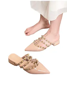 Women's Rivet Pointed Toe Mules, Nude Color Patent Leather Slip-On Shoes, Low Heel Chunky Sandals, Casual & Commute Friendly
