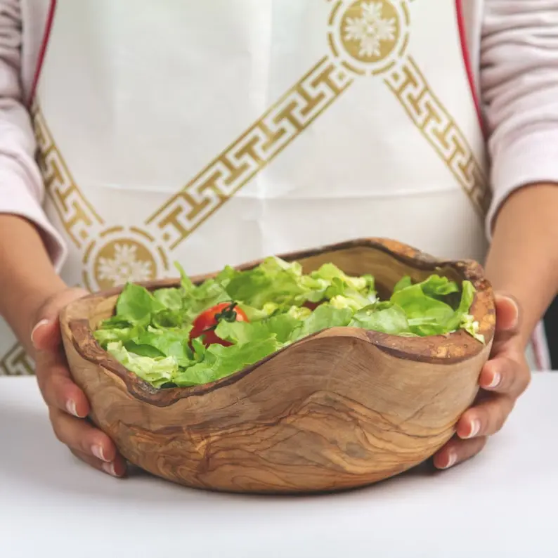 Large Olive Wood Bowl handmade with 2 Salad Servers, Olive Wooden Bowls Handmade, Fruit Bowls, Wooden Salad Bowl
