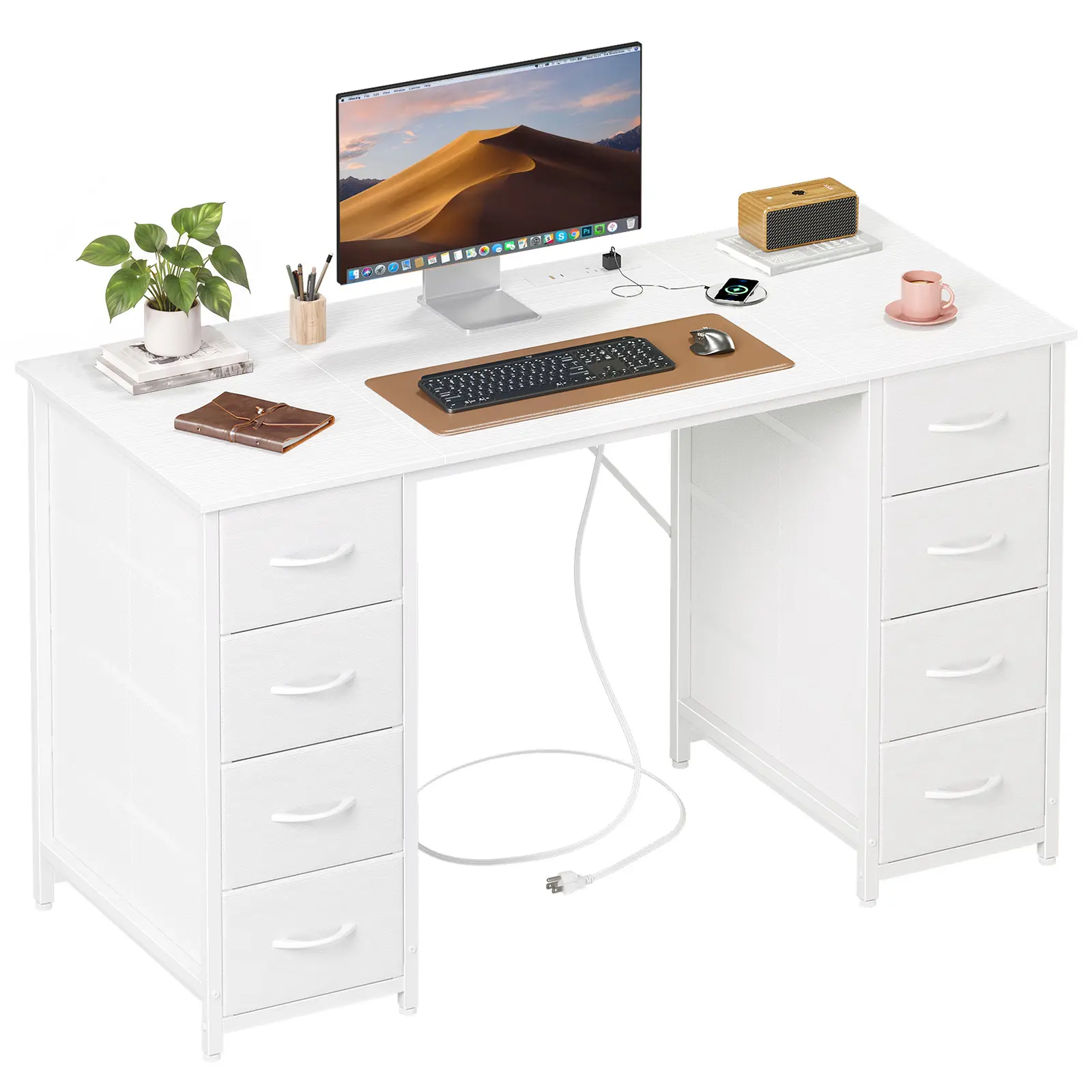Somdot Home Office Computer Desk with 8 Fabric Drawers and Charging Station | PC Gaming Desk, Study Work Writing Table with Power Outlets & Type-C Ports for Bedroom 47 Inches, Black